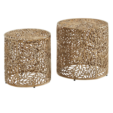 Rootz Nesting Tables - Set of 2 - Gold Aluminum - Modern Design with Flower Pattern - Metal Round Coffee Table for Living Room