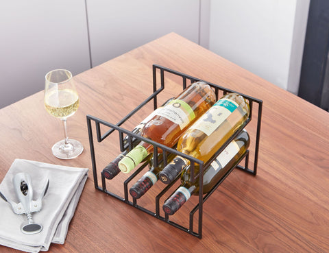 Rootz Wine Bottle Holder - Black Metal - Holds 6 Bottles - Modern Iron Wine Rack - 29x21x25 cm