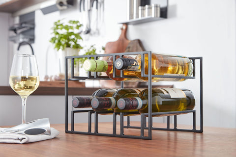 Rootz Wine Bottle Holder - Black Metal - Holds 6 Bottles - Modern Iron Wine Rack - 29x21x25 cm