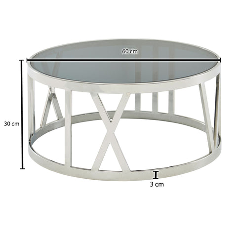 Rootz Coffee Table - Glass & Metal - Modern Design - Small Round Living Room Table - Silver - 60x60x30 cm