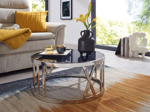 Rootz Coffee Table - Glass & Metal - Modern Design - Small Round Living Room Table - Silver - 60x60x30 cm