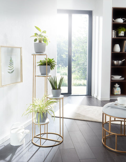 Rootz Plant Stand - Real Marble White -  Gold Standing - Modern Free-Standing Flower Stool with 4 Shelves - 36.5x107.5x36.5 cm