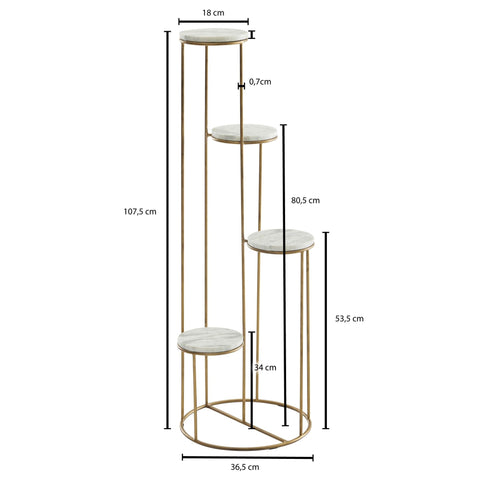Rootz Plant Stand - Real Marble White -  Gold Standing - Modern Free-Standing Flower Stool with 4 Shelves - 36.5x107.5x36.5 cm