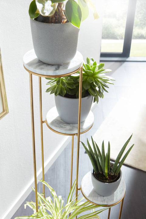 Rootz Plant Stand - Real Marble White -  Gold Standing - Modern Free-Standing Flower Stool with 4 Shelves - 36.5x107.5x36.5 cm