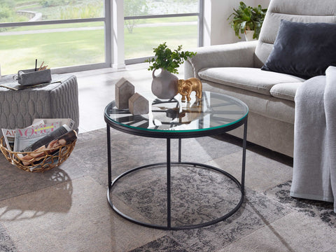 Rootz Black Coffee Table with Decorative Clock - Glass & Metal - Modern Design - Small Round Table - 60x60x43 cm