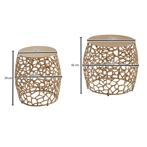 Rootz Nesting Tables - Round Metal Design - Set of 2 Gold Aluminum - Modern Living Room Coffee Table with Branch Structure