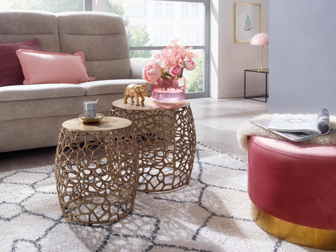 Rootz Nesting Tables - Round Metal Design - Set of 2 Gold Aluminum - Modern Living Room Coffee Table with Branch Structure