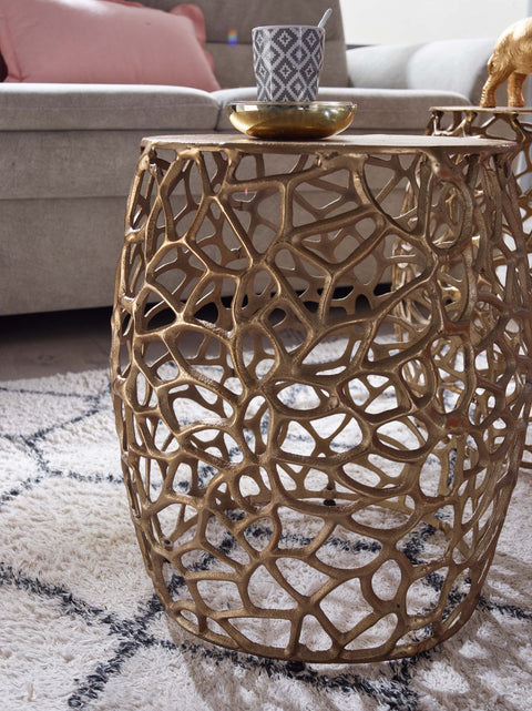 Rootz Nesting Tables - Round Metal Design - Set of 2 Gold Aluminum - Modern Living Room Coffee Table with Branch Structure