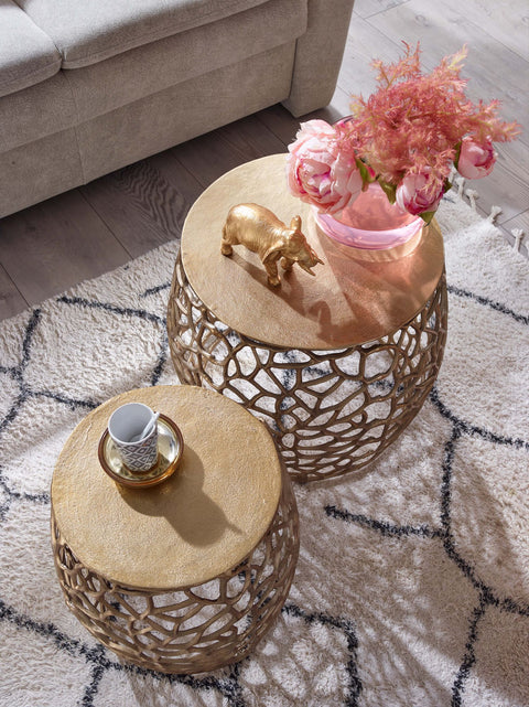 Rootz Nesting Tables - Round Metal Design - Set of 2 Gold Aluminum - Modern Living Room Coffee Table with Branch Structure