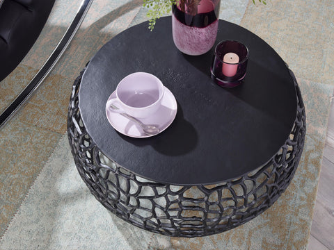 Rootz Coffee Table - Round Aluminum Design with Branch Structure - Black Metal - 66x66x30 cm