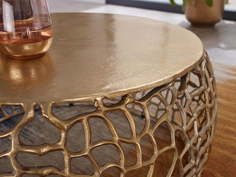 Rootz Coffee Table - Round Aluminum Design with Branch Structure - Gold Metal - 66x66x30 cm