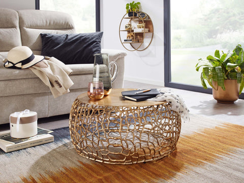 Rootz Coffee Table - Round Aluminum Design with Branch Structure - Gold Metal - 66x66x30 cm