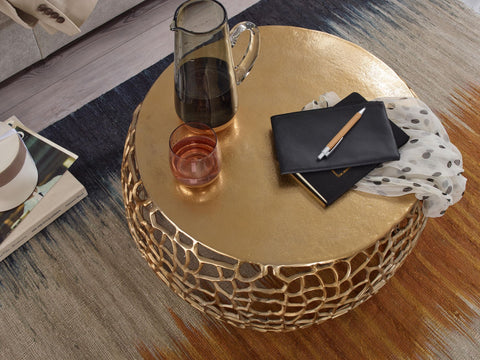 Rootz Coffee Table - Round Aluminum Design with Branch Structure - Gold Metal - 66x66x30 cm
