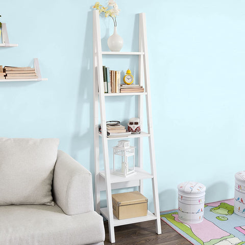 Rootz White Modern 5 Tiers Ladder Shelf, Storage Display Shelving Wall Shelf Bookcase