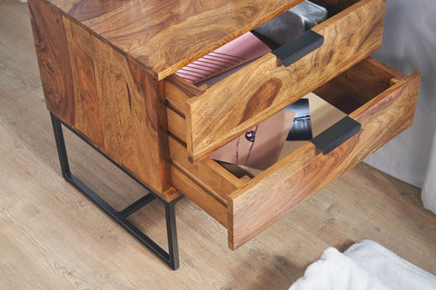Rootz Industrial Design Bedside Table - 2 Drawers - Storage Space - Solid Sheesham Wood & Metal - 50x40x51 cm