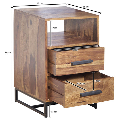 Rootz Industrial Bedside Table - Design with 2 Drawers - Storage Space for Box Spring Beds - Solid Sheesham Wood-Metal - 40x35x66cm