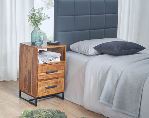 Rootz Industrial Bedside Table - Design with 2 Drawers - Storage Space for Box Spring Beds - Solid Sheesham Wood-Metal - 40x35x66cm