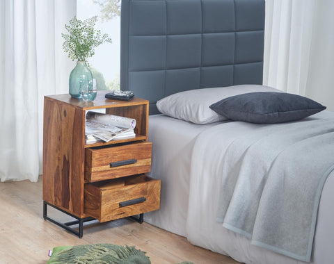 Rootz Industrial Bedside Table - Design with 2 Drawers - Storage Space for Box Spring Beds - Solid Sheesham Wood-Metal - 40x35x66cm