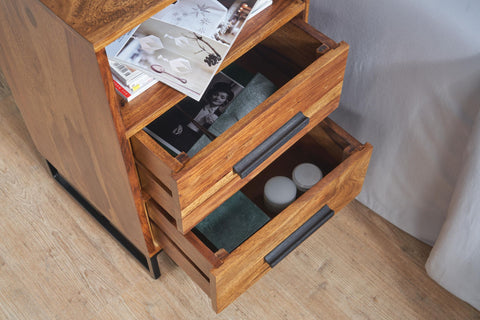 Rootz Industrial Bedside Table - Design with 2 Drawers - Storage Space for Box Spring Beds - Solid Sheesham Wood-Metal - 40x35x66cm