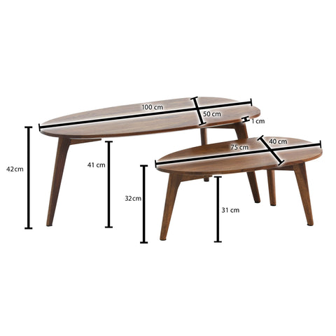 Rootz design coffee table set of 2 solid sheesham wood living room table brown - nesting table wooden table kidney shape coffee table - 2-piece placemat- side table- wood