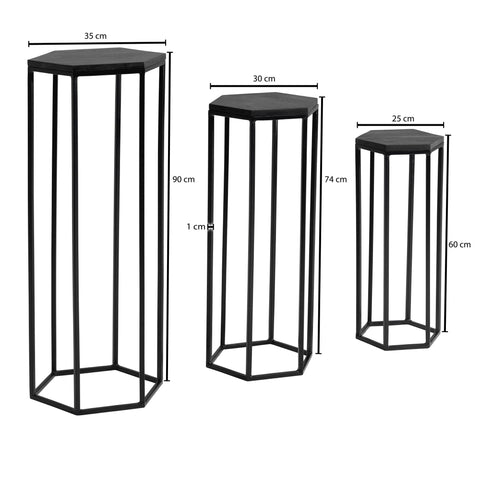 Rootz side table set of 3 mango solid wood - metal nesting table hexagonal - Living room table Add-on table Industrial Black - 3-part coffee table living room - Wooden table flower stool