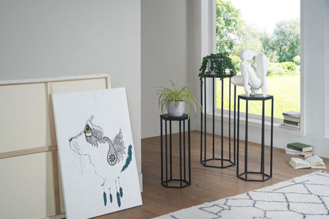 Rootz side table set of 3 mango solid wood - metal nesting table hexagonal - Living room table Add-on table Industrial Black - 3-part coffee table living room - Wooden table flower stool