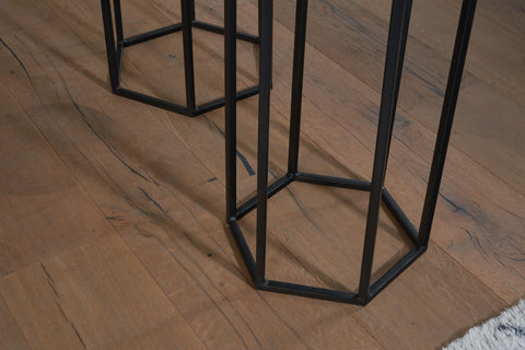 Rootz side table set of 3 mango solid wood - metal nesting table hexagonal - Living room table Add-on table Industrial Black - 3-part coffee table living room - Wooden table flower stool