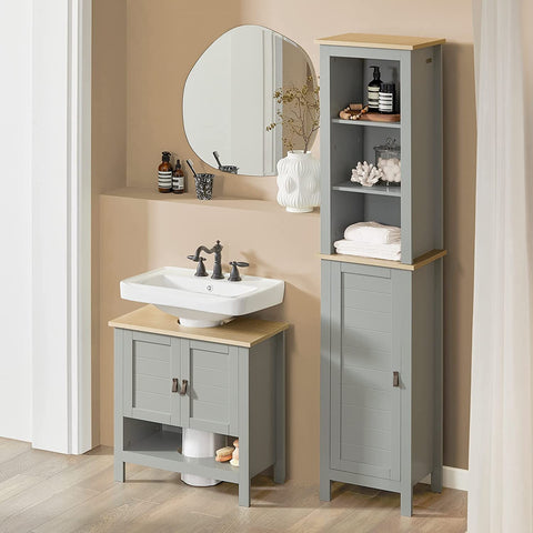 Rootz Bathroom Tall Cabinet Cupboard Bathroom- Storage Cabinet with 3 Storage Compartments and 1 Door