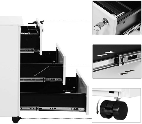Rootz Drawer Unit - Filing Cabinet - On Wheels - Lock - 3 Drawers - White - Metal - 39 x 45 x 55 cm