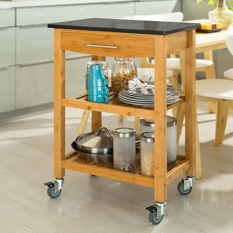 Rootz Bamboo Kitchen Trolley Cart - Kitchen Storage - Trolley Serving Trolley with Black Granite Countertop