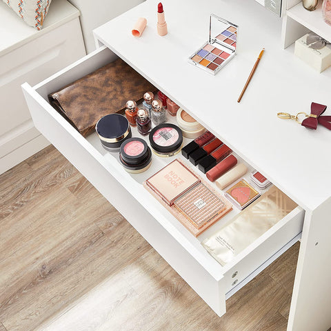 Rootz Dressing Table - Cosmetic Table - Open Compartments - Mirror - 1 Drawer - Adjustable Shelves - White - Processed Wood - 70 x 40 x 136 cm