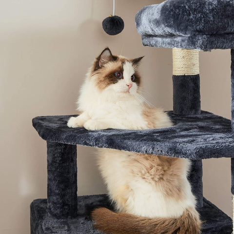 Rootz Scratching Post - Cat Tree - Hammock - Cave - Plush - Sisal - 6 Levels - Smoke Gray - 50 x 45 x 142 cm
