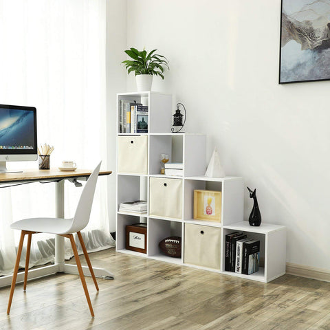 Rootz Bookcase - Stairs with 10 Cube Compartments - Wooden Display Shelf - Room Divider - White