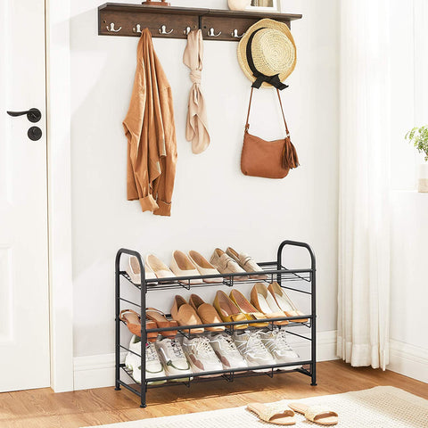 Rootz Shoe Rack - Shoes Organizer - 3 Levels - Max 12 Pairs of Shoes - Steel - Black - 68.5 x 27.5 x 49.5 cm