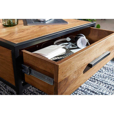 Rootz Industrial Coffee Table - Side Table - Solid Wood - Brown - Luxury Retro Vintage Glass Coffee Table With Storage Space - 65 x 38 x 65 cm