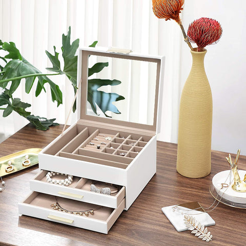 Rootz Jewelery box - Jewelery box - Glass - 3 Levels - 2 Drawers - White - 23.1 x 20.3 x 13.5 cm