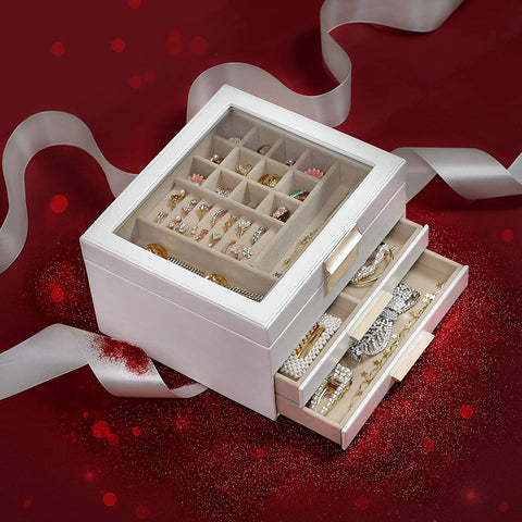 Rootz Jewelery box - Jewelery box - Glass - 3 Levels - 2 Drawers - White - 23.1 x 20.3 x 13.5 cm