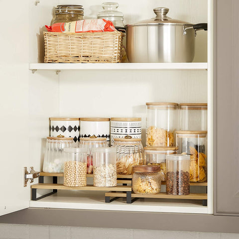 Rootz Kitchen Rack - Spice Rack - Set Of 2 - Three Shelves - Bamboo - Extendable - Stackable - Worktop