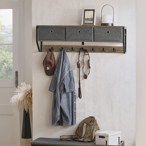 Rootz Wall Coat Rack Wall - Hallway Wall Shelf - Storage Cabinet with 3 Baskets 7 Hooks - W100 x D20 x H30cm