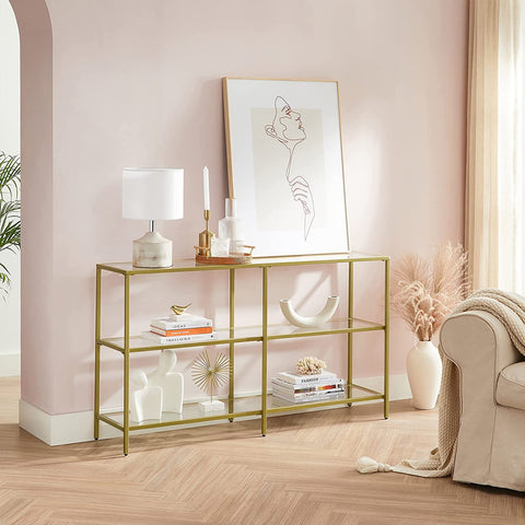 Rootz Console Table - Side Table - 3 Levels - Tempered Glass - Metal - Gold - 130 x 30 x 73.3 cm