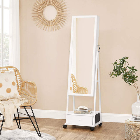 Rootz Jewelry Mirror - Mirror Cabinet - Jewelry Organizer - Drawer - On Wheels - White - MDF - 37 x 10 x 108.5 cm