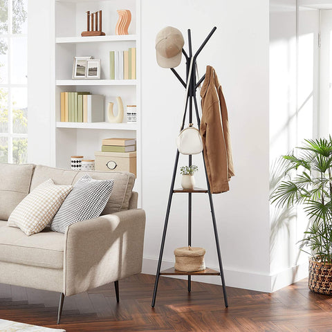 Rootz Coat Rack - Tree Shape - Industrial - 2 Shelves - 5 Hooks - Standing Coat Rack - Brown - Black