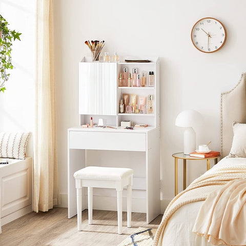 Rootz Dressing Table - Cosmetic Table - Open Compartments - Mirror - 1 Drawer - Adjustable Shelves - White - Processed Wood - 70 x 40 x 136 cm