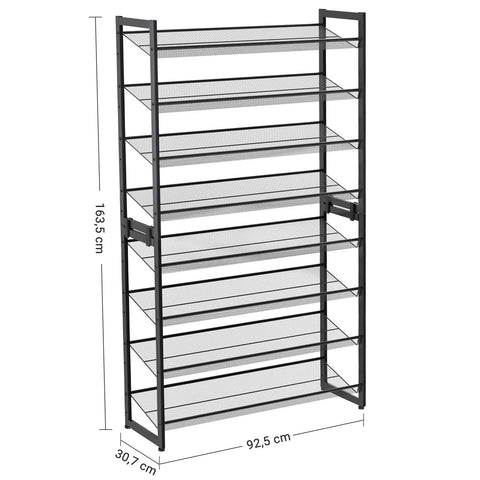 Rootz Shoe rack with 8 levels - Set of 2 stackable 4-tier shoe organizers - Metal shoe storage with adjustable mesh shelves - Black