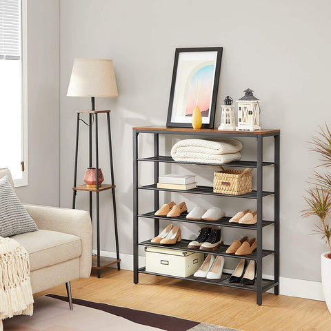 Rootz Shoe Rack - Shoe Cabinet - 5 Levels - Side Cabinet - 20 Pairs of Shoes - Metal Frame - Hallway Cabinet - 100 x 30 x 100 cm - Industrial - Brown - Black