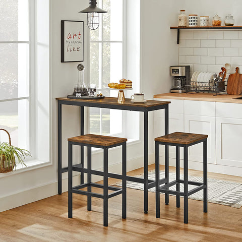 Rootz Bar Table Set - Dining Set - High Table - 2 Stools - Brown - Black - Processed Wood - Metal