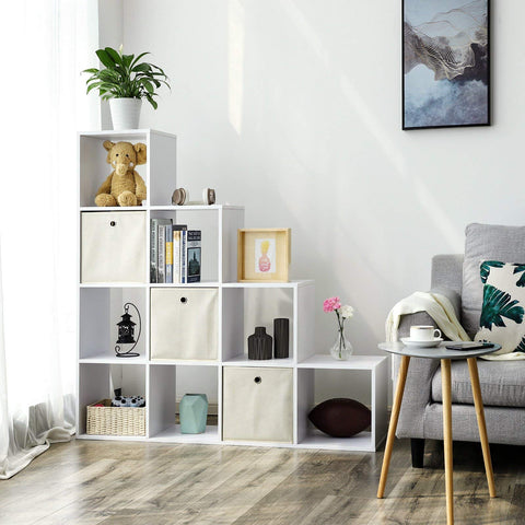 Rootz Bookcase - Stairs with 10 Cube Compartments - Wooden Display Shelf - Room Divider - White