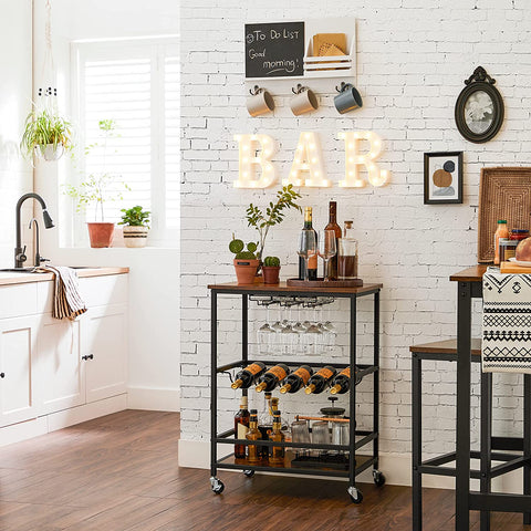 Rootz Kitchen trolley - Serving trolley - Bar trolley - On wheels - Bottle rack - Glass holders - Brown - Black - Processed Wood - Metal - 60 x 40 x 75 cm
