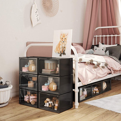 Rootz Shoe Box - Set of 6 - Stackable Shoe Organizer - Shoes up to size 46 - Black/Transparent - 36 x 28 x 22 cm
