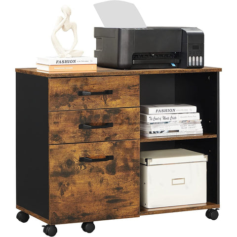 Rootz File Cabinet - Roll Container - Drawer Cabinet - On Wheels - Storage Compartments - Industrial - Brown - Black - Processed Wood - Metal - 80 x 40 x 66 cm